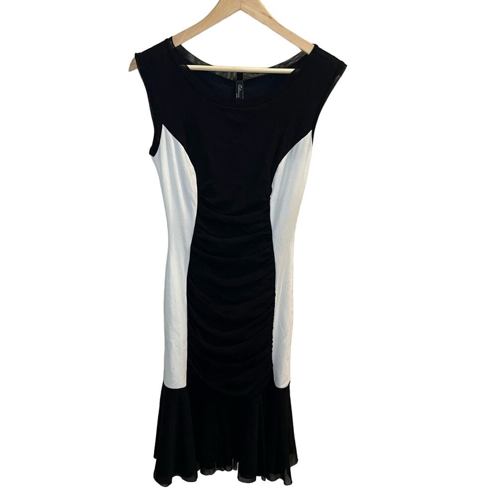 Elana Kattan Y2K Black and White‎ Micro Mesh Ruched Midi Dress Size S Whimsigoth